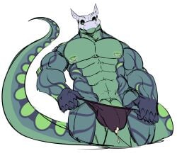 2_penises abs anthro bodily_fluids clothing genital_fluids genitals jockstrap male multi_genitalia multi_penis muscular nipple_piercing nipples pecs penis piercing precum reptile scalie sketchy skullsnake_(species) snake solo sorak sorakskullsnake underwear