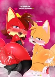 2girls anthro anthro_female anthro_on_anthro anus archie_comics ass bed bedsheets blue_eyes blush blush_lines blushing_at_viewer blushing_female bow bow_accessory bow_ribbon breasts cum cum_in_ass cum_in_pussy digital_art digital_drawing digital_drawing_(artwork) duo duo_female duo_focus eyes_half_open female female/female female_focus fiona_fox furry furry_ass furry_breasts furry_ears furry_female furry_only furry_tail heart heart-shaped_pupils heart_symbol hearts_around_head looking_back looking_back_at_viewer male miles_tails_prower mobian mobian_(species) nipples open_mouth open_smile orange_body orange_fur pussy red_body red_fur red_skin rule_63 scourge_the_hedgehog sitting sitting_on_bed small_breasts smaller_female sonic_(series) sonic_the_hedgehog_(archie) sonic_the_hedgehog_(comics) sonic_the_hedgehog_(series) tail tails tails_the_fox tailsko tailsprop tears text video_game_character video_game_franchise video_games yellow_body yellow_fur yellow_skin
