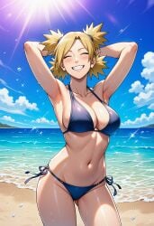 1girls ai_generated arm_support arms_behind_head arms_up bare_chest bare_legs bare_midriff bare_shoulders beach big_breasts bikini bikini_bottom bikini_top blue_bikini blush breasts cleavage closed_eyes clouds curvaceous curvy curvy_body curvy_female curvy_figure day female female_only happy happy_female high_resolution highleg highleg_bikini light-skinned_female light_skin naruto naruto_(series) naruto_shippuden navel oceam pinup quad_tails sand seaside smile solo sunlight sunset swimsuit teenager temari tied_hair toned toned_female water wide_hips