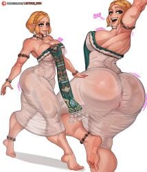 blonde_hair green_eyes lettuce_uwu muscular no_panties princess_zelda see-through sweat tagme the_legend_of_zelda the_legend_of_zelda:_tears_of_the_kingdom white_background white_dress zonai_outfit