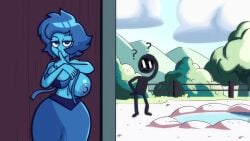 1girls alternate_breast_size areola_slip areolae bare_midriff bare_shoulders barn belly_button blue_body blue_eyes blue_hair blue_skin breasts crop_top curvy farm female female_focus half-closed_eyes hidden hiding hips_wider_than_shoulders huge_breasts lapis_lazuli_(steven_universe) large_breasts looking_at_viewer midriff navel nipples one_breast_out pulpdirector seductive shushing skirt steven_universe stomach teasing undressing wide_hips