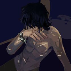 brown_hair creepypasta emo faceless_male in_the_dark messy_hair punk scar scars_all_over scars_on_arm scars_on_chest shirtless shirtless_male ticci_toby