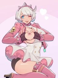 1girls big_breasts blue_eyes breasts collar elphelt_valentine female guilty_gear guilty_gear_strive hand_heart heart_fingers heart_hands nipples one_eye_closed skullworms solo thick_thighs thighs tongue tongue_out white_hair