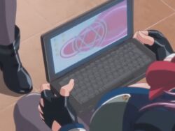 00s 2008 3girls animated anime_screenshot bible_black bible_black:_restored blazer blonde_hair blue_eyes blush bouncing_breasts bow bowtie breasts cleavage cleavage_cutout clothing_cutout computer computer_virus female female_focus fingerless_gloves gloves ichikawa_aki jacket kitami_reika laptop large_breasts lipstick long_hair makeup monitor multiple_girls purple_hair short_hair sidelocks spirit tagme virus