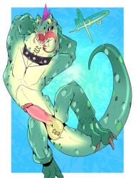 2026 anthro balls bodily_fluids character_name collar collar_only dragondrawer erection facial_piercing full-length_portrait genital_piercing genitals goat_(movie) green_body green_scales head_spikes hi_res komodo_dragon ladder_piercing lip_piercing lizard long_tongue male markings modo_olachenko monitor_lizard neck_piercing nose_piercing nose_ring nude nude_male penis penis_piercing piercing pink_spikes portrait prince_albert_piercing raised_leg reptile ring_piercing saliva scales scalie scrotum_ladder scrotum_piercing solo spikes spikes_(anatomy) spots spotted_body spotted_scales tail text tongue tongue_out tongue_piercing yellow_sclera