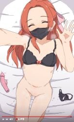 ^_^ aikatsu!_(series) aikatsu_on_parade! backdraft_(cassowary) black_bra black_mask black_panties bottomless bow bra closed_eyes dildo fake_screenshot hairbow heavy_breathing highres implied_after_masturbation livestream lying mask mouth_mask on_back on_bed orange_hair otoshiro_noel panties pink_bow play_button progress_bar pussy_juice pussy_juice_on_fingers pussy_juice_trail selfie sex_toy thigh_gap underwear unworn_panties waving
