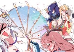 4girls afterimage animal_ears antlers ayatsumugi_roka blue_hair blue_nails blush cho_kaguya-hime! clitoral_stimulation commentary covering_face crescent crescent_hair_ornament fishnet_thighhighs fishnets fox_ears fox_girl fox_tail hair_ornament hair_rings heart highres holding holding_umbrella hood hood_down horns kaguya_(cho_kaguya-hime!) lifting_person long_hair multiple_girls nail_polish oil-paper_umbrella open_mouth panties panties_around_one_leg pink_hair runami_yachiyo sakayori_iroha shirt short_hair sidelocks simple_background sleeveless sleeveless_shirt spoken_heart tail thigh_strap thighhighs umbrella underwear untranslatable_commentary white_background white_panties white_shirt x_eye yuri zhanzhangzlw