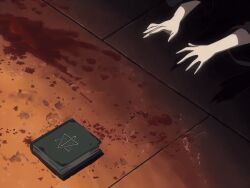 00s 1girls 2002 animated anime_screenshot basement bible_black bible_black_gaiden blood blood_on_body blood_on_face book breasts cloak crawling female green_hair large_breasts morita_rie open_mouth panic pentagram rie_morita ritual robe scared short_hair tagme tears twintails
