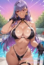 ai_generated anime bb black_bikini black_gloves black_swimsuit female huge_breasts illustration lewdrune long_hair outdoors poolside purple_hair red_eyes solo solo_focus standing teasing