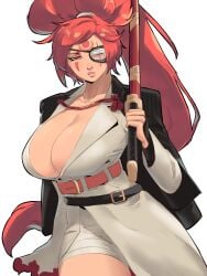 1girls amputee baiken belt big_breasts breasts cleavage clothed clothing eyepatch guilty_gear huge_breasts katana long_hair looking_at_viewer one-eyed open_clothes pink_hair ponytail red_eyes red_hair sash scar scar_across_eye sheath skullworms solo sword tagme weapon