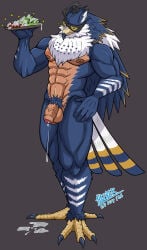 abs absurd_res accipitrid accipitriform anthro avian beak bird blue_body blue_feathers bodily_fluids claws cum cum_drip cum_on_food cum_on_ground dripping eye_patch eyewear falconid feathers flaccid food genital_fluids genitals hazker hi_res holding_food holding_object holding_tray horus_(tas) humanoid lettuce lifewonders male nipples penis plant pubes pubic_feathers red_eyes salad solo toe_claws tokyo_afterschool_summoners vegetable