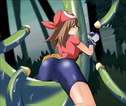 bandana bike_shorts blue_eyes blush brown_hair cameltoe censored clothing crossed_arms crotch_rub female hat human jpeg_artifacts may_(pokemon) pokemon pokemon_rse red_bandana shorts surrounded_by_penises tentacle