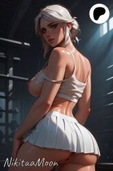 ai_generated anus ass back_view breasts bubble_butt cd_projekt_red ciri female green_eyes light-skinned_female light_skin looking_at_viewer looking_back mascara nikitaamoon nipples no_panties pussy shaved_pussy skirt solo solo_female the_witcher_(series) the_witcher_3:_wild_hunt wet_body white_hair