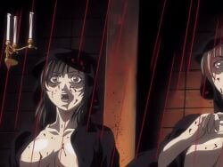 00s 1girls 2002 3girls animated anime_screenshot basement bible_black bible_black_gaiden blood blood_on_body blood_on_face breasts brown_hair candlestand cloak female green_eyes green_hair large_breasts morita_rie multiple_girls open_mouth ritual robe scared shido_saki short_hair tagme twintails