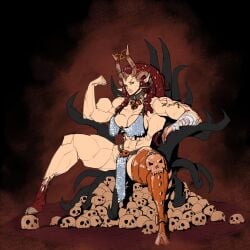 beastman_(warhammer) big_breasts bikini_armor extreme_muscles flexing flexing_bicep ginger_hair hathrun hooves horned_female horns khorne_mark monster_girl muscular muscular_female sitting_on_throne skulls wanax