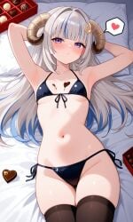 1girls ai_generated armpits arms_behind_head aurora_atria bikini black_stockings blush breasts chocolate collarbone female grey_hair horns latam_virtual_youtuber lefolk light-skinned_female light_skin long_hair looking_at_viewer navel petite purple_eyes sexy slim_female small_breasts stockings thick_thighs thighs valentine's_day virtual_youtuber vtuber young younger_female