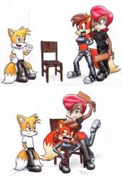 anthro archie_comics ass being_watched belt bodily_fluids bottomwear bottomwear_down butt_slap canid canine chair chipmunk clothed clothing corporal_punishment crying female fiona_fox fox furniture ground_squirrel group hi_res jacket laying_on_lap leather leather_bottomwear leather_clothing leather_jacket leather_pants leather_topwear looking_at_another male mammal on_chair on_knee on_lap paddle paddling pants pants_down partially_clothed punishment reddened_butt rocketdave rodent sally_acorn sciurid sega sitting sitting_on_chair slap sonic_the_hedgehog_(archie) sonic_the_hedgehog_(comics) sonic_the_hedgehog_(series) spank_marks spank_marks_on_ass spanked_butt spanking spanking_paddle tails tears topwear trio