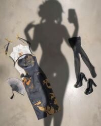 dress leggings naked_female nude nude_female phone_camera pov shadow silhouette thighhighs unworn_clothes