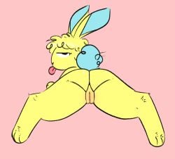 anthro ass cotton_tail ears_up eyelashes female funnysillydog genitals half-closed_eyes lagomorph leporid looking_at_viewer looking_back mammal narrowed_eyes presenting presenting_vulva rabbit rear_view solo spread_legs spreading tongue tongue_out vulva yellow_body