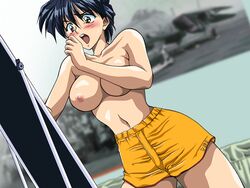 aihara_takuya akazaki_yasuma blush eroge game_cg mirror short_hair shorts topless x-change x-change_(series)