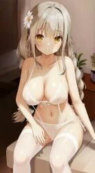 ai_assisted ai_generated ai_video animated blush bouncing_breasts bra braid breasts cleavage collarbone dancing hair_ornament highres indoors lace lace_bra lace_panties large_breasts long_hair looking_at_viewer navel nipples_visible_through_clothing panties suspenders sweat tagme thighhighs thighs third-party_edit video weri white_hair yellow_eyes