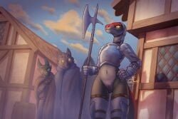 anthro armor armwear ass barrel blush bottomless building butt_from_the_front canid canine chainmail clothed clothing cloud dragon embarrassed female genitals gesture green_body grey_body hand_gesture handwear helberd hi_res looking_at_another looking_away lordflawn mammal medieval metal_armor mythological_creature mythological_scalie mythology outside plaster_wall pointing pointing_at_another public public_exposure riven_(atrumpet) robe scalie signature sky thatched_roof tile_roof vulva weapon window yellow_eyes