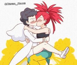 diantha_(pokemon) fart fart_cloud fart_fetish farting female female_only flannery_(pokemon) ketrita kissing lesbian_kiss simple_background simple_shading twitter_username yuri