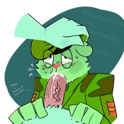 absurd_res animal_ears anthro anthro_on_anthro big_penis blowjob blush bodily_fluids clothing cock cum dominant_male domination ear ejaculation faceless_male flippy_(htf) furry gay genitals green_fur happy_tree_friends humanoid rarepair russell_(htf) weird-art(artist)