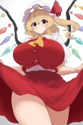 1girl alternate_breast_size ascot black_eyes blonde_hair blush breasts closed_mouth clothes_lift collared_shirt cowboy_shot crystal crystal_wings female flandre_scarlet frilled_shirt_collar frills hair_between_eyes hat hat_ribbon huge_breasts large_breasts lifted_by_self long_hair looking_at_viewer medium_hair mob_cap moriforest1040 multicolored_wings one_side_up puffy_short_sleeves puffy_sleeves red_ribbon red_skirt red_vest ribbon shirt short_hair short_sleeves side_ponytail simple_background skirt skirt_lift skirt_set solo thick_thighs thighs touhou touhou_project vest white_background white_headwear white_shirt wings yellow_ascot