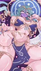 ass_visible_through_thighs blue_nails blue_outfit closed_mouth genshin_impact gigantic_thighs harem_outfit huge_ass huge_breasts long_nails nails reclining seductive sleepingsoul smile sucrose_(genshin_impact) thick_thighs wide_hips