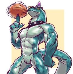 animal_genitalia anthro ball basketball_(ball) cloaca collar collar_only eliartema11 facial_piercing genitals goat_(movie) green_body green_scales head_spikes hi_res komodo_dragon ladder_piercing lip_piercing lizard male markings modo_olachenko monitor_lizard muscular muscular_anthro muscular_male narrowed_eyes neck_piercing nose_piercing nose_ring nude pecs piercing portrait pose purple_spikes reptile ring_piercing scales scalie solo spiked_collar spikes spikes_(anatomy) spinning_ball spots spotted_body spotted_scales three-quarter_portrait