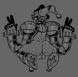 1male 1man ass backsack balls bubble_butt clown clown_boy clown_man looking_back male_only mega_man mega_man_(classic) mega_man_8 peace_sign robot robot_boy solo solo_male submarichamomi2