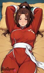 artist:eroqueen king_of_fighters mai_shiranui 1girl solo breasts large_breasts nipples areolae ass pussy nude completely_nude uncensored nsfw hentai blush curvy thick_thighs wide_hips thighs navel long_hair looking_at_viewer smile seductive open_mouth full_body high_resolution highly_detailed simple_background rule34 ai_generated patreon