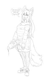 2019 balls bottomwear canid canine clothing genitals grindaviking hi_res humanoid intersex maleherm mammal penis simple_background skirt speech_bubble text white_background