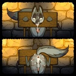 absurd_res anthro anus balls bodily_fluids bondage burdizzo canid canine canis castration cock_and_ball_torture cum cum_from_nose cum_in_ass cum_in_nose cum_inside cum_on_face fur gaping gaping_anus genital_fluids genital_mutilation genital_torture genitals grey_body grey_fur hi_res male mammal mutilation orgasm penis restraints serpenteats stocks wolf