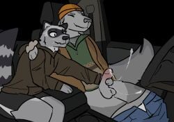 anthro beanie big_penis bottomwear bottomwear_down canid canine canis car clothed clothing countershading denim denim_bottomwear denim_clothing detailed_background duo ejaculation erection fur genitals greg_(wannabeyourdog2) grey_body grey_fur handjob hat headgear headwear hoodie huge_cock inside_car inside_vehicle jacket jeans lj_(wannabeyourdog2) looking_at_genitalia looking_at_penis male male/male mammal pants pants_down partially_clothed paws penile penis procyonid raccoon sex shorts story story_in_description topwear vehicle wannabeyourdog2 whiskers white_body white_fur wolf