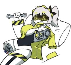 1girls breasts clavicle female female_focus female_only fixed fixing glitch_productions inside j_(murder_drones) job legs looking_at_viewer maintenance murder_drones pillow repair repairing reparations robot robot_girl screwdriver tools wire wires working yellow_eyes
