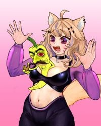 :d ahoge animal_ears blonde_hair breasts cat_ears choker cleavage collar collarbone female gradient gradient_background hair_ornament hairclip indie_virtual_youtuber long_sleeves looking_at_viewer medium_breasts midriff navel open_mouth pants pink_background purple_eyes smile solo squchan_(vtuber) virtual_youtuber vtuber