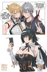 1boy 2girls angry angry_face astra_yao astra_yao_(chandelier) big_breasts blush color drawing evelyn_chevalier fat_ass horny_female lipstick lipstick_mark long_hair meme mihoyo peace_sign phone selfie short_hair taking_picture taking_selfie teasing thick_thighs unrulyfriedrice wise_(zenless_zone_zero) zenless_zone_zero