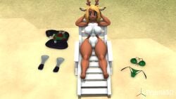 3d_(artwork) anthro ass beach beach_chair big_butt bikini breath clothes_on_floor clothing deer deltarune digital_media_(artwork) djfnansl female female/female green_bikini green_clothing green_swimwear hi_res light mammal noelle_holiday nude nude_anthro prisma3d relaxing sunlight swimwear thick_thighs two-piece_swimsuit undertale_(series)