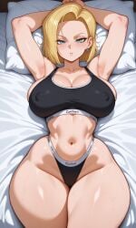 ai-created ai_generated android_18 blonde_female blonde_hair blue_eyes calvin_klein curvy dragon_ball houseofwaifu huge_breasts huge_thighs lying_on_bed on_bed panties perfect_body shounen_jump sports_bra thick_legs thick_thighs underwear wide_hips wide_thighs