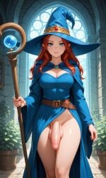 ai ai_generated big_penis blue_eyes futanari original_character red_hair small_breasts staff witch witch_hat