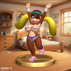 1girls aged_up ai ai_art ai_assisted ai_generated armpits arms_up artist_logo artist_name beanie_hat belly_button blinking blonde_hair blue_eyes bluesky_link bra breasts brown_fur donkey_kong_(series) earrings female female_focus female_only fur furry_female looking_at_viewer monkey monkey_girl navel nintendo nipples one_eye_closed open_mouth panties pink_nail_polish pink_nails pink_sandals quinzo11 room room_background sandals self_upload super_smash_bros. tiny_kong trophy twintails