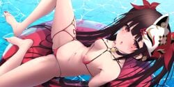 1girls :o bare_shoulders belly_button bikini blush bra breasts brown_hair embarrassed female female_focus female_only honkai:_star_rail long_hair looking_at_viewer micro_bikini navel nipple_slip nipples open_mouth panties pool pool_float pool_toy small_breasts solo sparkle_(honkai:_star_rail) stomach swimming_pool swimsuit tetori_(tetolisto) thighs tight_clothing twintails water