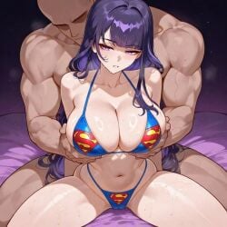 ai_assisted ai_generated breasts dark-skinned_male dark_skin dc dc_comics fair-skinned_female genshin_impact grabbing grabbing_from_behind hair_ornament male pose purple_eyes purple_hair raiden_shogun sexy sexy_pose solo solo_female superman superman_(cosplay) sweat sweaty sweaty_body thick_thighs thighs wet wet_body