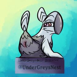 1:1 abstract_background anthro anus ass avian beak bedroom_eyes bird bird_(undergreysnest) brown_eyes chair colored dated feathers furniture gradient_background grey_body grey_feathers half-closed_eyes head_feathers looking_back male multicolored_body multicolored_feathers narrowed_eyes on_chair presenting presenting_hindquarters seductive shaded signature simple_background sitting sitting_on_chair smug_grin solo tail tail_feathers toony undergreysnest watermark white_body white_feathers
