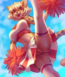 2025 absurd_res admiralobster anthro blonde_hair blue_sky bottomwear cheerleader clitoris clothing dated eyelashes fangs felid female female_anthro front_view fur genitals hair hi_res humanoid_genitalia humanoid_vulva legwear looking_at_viewer mammal navel open_mouth open_smile outside red_bottomwear red_clothing red_eyes red_skirt red_tongue red_topwear short_hair signature skirt sky smile solo spread_legs spreading tan_body tan_fur teeth tongue topwear vulva white_bottomwear white_clothing white_legwear white_skirt white_topwear yellow_body yellow_fur