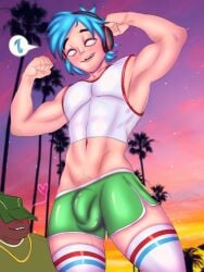 2d_(gorillaz) 2d_(humility) biting_lip biting_own_lip blush blushing blushing_male bulge bulge_through_clothing bulge_under_clothes fully_clothed gay gorillaz heart heart_symbol licking licking_own_lips light-skinned_male light_skin looking_at_viewer male male/male male_focus male_only muscular muscular_male nonbinary nonbinary_(lore) penis penis_poking_out penis_under_clothes russel_hobbs shorts thighhighs tooth_gap