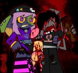 2026 ^_^ ambiguous_gender andromorph anthro beanie belt black_hair blood blood_from_ear blood_from_mouth blood_from_wound blood_in_mouth blood_on_hand blood_splatter blood_stain blood_stained_clothing blue_body blue_fur bodily_fluids bone bottomwear brain_matter bullet_wound closed_eyes clothing collar crazed_look cropped_hoodie crushed_head death denim denim_bottomwear denim_clothing digital_drawing_(artwork) digital_media_(artwork) ear_bands exposed_bone exposed_rib_cage eye_injury fangs female feral footwear fractured_bone fur generation_3_pokemon gore green_body green_fur grey_body grey_fur grotesque_death group gun hair hat headgear headwear hoodie intersex jeans killing lagomorph legwear leporid mammal multicolored_hair nail nailed_board navel navel_piercing nintendo nonbinary_(lore) pants pattern_clothing pattern_footwear pattern_legwear pattern_shirt pattern_socks pattern_topwear photo_background photography_(artwork) piercing pink_hair pokemon pokemon_(species) purple_clothing purple_eyes purple_hoodie purple_topwear rabbit ranged_weapon red_background rust saturn_(planet) scratches severed_body_part severed_leg severed_limb shirt shorts signature simple_background skitty smile smiling_at_viewer socks spiked_collar spikes star_pupils striped_clothing striped_footwear striped_shirt striped_socks striped_topwear stripes studded_belt studs t-shirt teeth thigh_highs thong_straps topwear torn_bottomwear torn_clothing torn_jeans torn_pants torn_shorts trio undead weapon wounded x_eyes x_navel xxv4mp_g4z3rxx yellow_body yellow_fur yellow_sclera yellow_teeth zombie