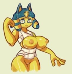 1girls animal_crossing ankha ankha_(animal_crossing) bandages bottomless breasts_exposed breasts_out drawfruit egyptian feline honhearthy nipples simple_background slit_pupils solo yellow_body yellow_fur